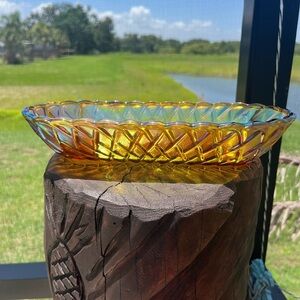 VTG Iridescent Carnival Glass Marigold Bread/ Nut Basket